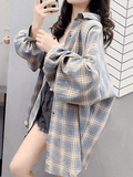 Checkered Baggy Long Sleeve Button Blouse-Outfit
