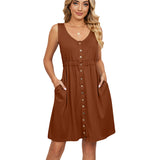 / Summer 2023 Solid Color Sleeveless Button Pocket Round Collar Slit Closed Waist Dress-Outfit