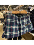 Women With Adjustable One-piece Belt Buckle Plaid Printed Pleated Mini Skirts 2023 Summer Retro Female Chic Bottoms-Outfit