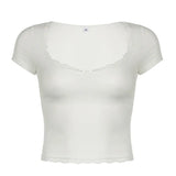 Girl Fresh And Pure Color T-Shirt Ins Trend Lace Lace Stitching Square Collar Summer Blouse-Outfit