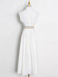 TWOTWINSTYLE Solid Cut Out Dress For Women Stand Collar Sleeveless High Waist Minimalist Midi Dresses Female Clothes Fashion