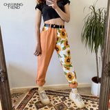 Woman Vintage High Waist Pants Fit Young Girls Cute Sunflower Stitching Pattern Autumn Winter Trousers Female