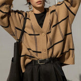 Plaid Cardigan Sweater Women Lantern Sleeve Casual Loose Jumper Autumn Winter V Neck Knitted Oversized Cardigans
