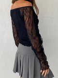Sexy Women Lace Long Sleeve Crop Tees Tops Off-Shoulder Casual Pullover for Club Streetwear Aesthetic Grunge T-shirts-Outfit
