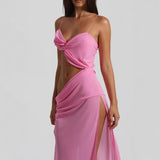 Fongt Belt Hollow Open Fork Dress Women's Solid Color Sexy Body Repair Chest High Waist Dress 8111