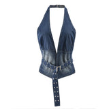 Denim Adjustable Strap Plunge Backless Halter Top-Outfit