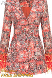 2023 Fall Style Ladies Long Sleeve Feather Sexy V Neck Print Floral Tight Belt Fashion Runway Celebration Party