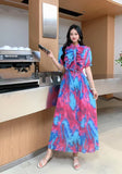 Fongt Design Wood-Like Ear-Side Bubble-Sleeved Dress Women's Waist Thin Temperament Print 100-Fold French Holiday Dress