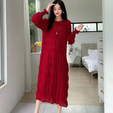 Fongt 2025 Sweet Gentle Wind Collar Folded Texture Loose Dress Female Thin Temperament Elegant Dress