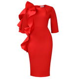 Fongt Fashion Women's Round-Neck Temperament Seven-Sleeve Lotus Leaf Side Elegant African Dress