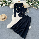 Fongt Fragrant Style Wears Women's Three-Piece Set Of Sleeveless Vest Metal Buckle Long-Sleeved Knitted Skirt