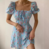 Fongt Women's Summer French Bubble Sleeves Crush Flower Dopamine Wear Dresses Women's Elegant Bubble Sleeve Dress
