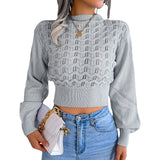 Fongt And Winter Street Wind Solid Color Hollow Striped Lantern Sleeve Open Umbilly Knitted Sweater Women's Clothing
