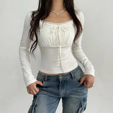 Lace Trim Stitching Square Neck Long Sleeve Tee-Outfit