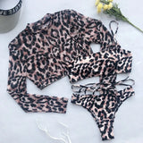 Sleeve Leopard 3 Piece Swimsuit High Cut Push Up Padded Bikini Female Bathers Sports Bathing Suit Thong Swimwear