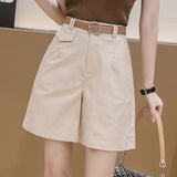 Fongt High Waist Elastic Cotton Linen Five Split Pants Show Thin New Wide Leg Casual Middle Pants Hot Pants Shorts Tide-Outfit