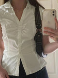 vintage simple ruffle blouse with short sleeves and V