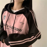 Vintage Logo Print Raglan Striped Sleeve Hoodie-Outfit