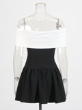 Fashion Temperament Dress Women 2025 Spring New Word Shoulder Black And White Colliding Design Design Sense Short