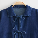 Fongt Women's Spring New Collar Bows Decorated With Long-Sleeved Pocket Wash Denim Shirt Pocket Design