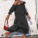 Fongt Spot 2024 Women's Autumn New Loose Casual Solid Color Irregular Long-Sleeved Dress-Outfit