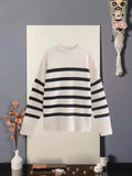 New Fashion Casual Round Collar Loose Stripe Fat Sleeve Knit Women's Top-Outfit