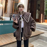 Sweet Warm Cotton Coats Women Cute Turndown Collar Loose Casual Padded Jacket Solid Color Single Breasted Office Clothes-Outfit