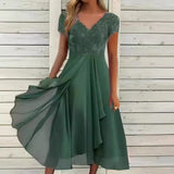 Fongt Station Dress Female Chiffon Stitching V-Neck Lace Dress Bridesmaid Evening Dress