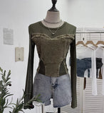 Spice Girls Design Sense Net纱 Stitched With Denim Blouse Long-Sleeved Bottom Shirts To Dress Short Niche T-Shirt