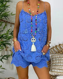 Fongt Sleeveless Drawstring Flounce Cut Out Vest Embroidered Shorts With Cotton