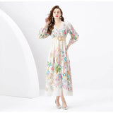 Fongt Court Dress Female Sweet Lace Lace V-Neck Buckle Long Design Print Dress