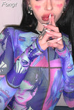 mesh sheer women t shirt crop top Anime print long sleeve gloves patchwork bodycon sexy 2023 summer clothes party