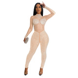 Fashion Women's Pure Color Mesh Hot Diamond Long Sleeve Trousers Jumpsuit-Outfit