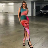 Tie Dye Printed Split Dress Holiday Sexy Slim Sleeveless O-Neck Maxi Dresses For Women 2022 Beach Style Straight