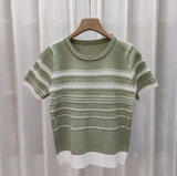 Fongt Version Of Chic Summer Small Casual Round-Coln Color Three-Dimensional Stripe Design Sense Loose Short-Sleeved Knitted T-Shirt