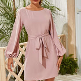 Chiffon solid color plus size loose simple lantern sleeve dress belt slim temperament women's clothing 2020