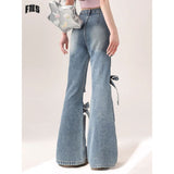 Fongt Mm Large Street Hottie Bow Trumpet Micro-Tight Jeans Girl Retro Hollow Horn Long Pants