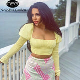 Yellow Blusas Women Vintage Long Puff Sleeve Sexy Low Out Pleat Crop Tops Autumn Solid Back Zipper Casual Blouse
