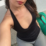 Solid V Neck Bandage Halter Crop Top Summer Basic Casual Sleeveless Backless Tank Tops Women Y2k Aesthetic Summer Tee 90s-Outfit