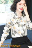 Silk Blouses Women Satin Print Blouse Women Long Sleeve Shirts Woman V-neck Silk Blouses Ladies Floral Blouse for