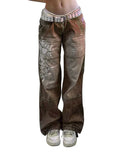 Street Style Irregular Print Slacks Low Waist Pleated Washed For Old Multi-Color Jeans-Outfit