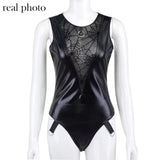 Dark Grunge Mesh Patchwork Sexy Women Bodysuits Mall Gothic Bodycon Faux Leather Black Tops Punk Sleeveless Summer
