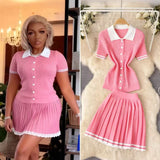 Fongt Style POLO Collar Short-Sleeved Top + High-Waisted 100-Folded Skirt Knitted Two-Piece Suit Woman