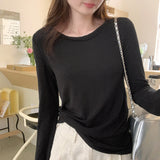 Color Round-Neck Mask T-Shirt Women's Long-Sleeved Spring New Stretch Hem Top With Bottom