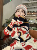 Reindeer Zipper Collar Printed Knitted Cardigan-Outfit