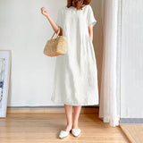 Fongt New Leisure Spring And Summer Loose Skirt Short Sleeve Round Neck Solid Cotton Linen Dress