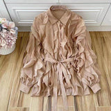 Elegant Patchwork Ruffle Shirt For Women Lapel Long Sleeve Lace Up Bowknot Casual Blouse Female Fashion New