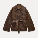 Fongt Women's Explosive Fashion Animal Print Collar Belt Jacket Jacket