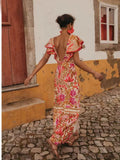 Fashion V Collar Lotus Leaf Side Positioning Flower Show Back Dress