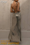 Summer Backless Sexy Maxi Dress Spaghetti Strap Metallic Bodycon Dress Elegant Party Evening Long Dresses for Women